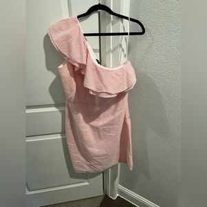 JCrew one shoulder pink seersucker dress